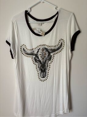 Women's White Ringer Tee with Black Trim and Studded Bull Skull Graphic